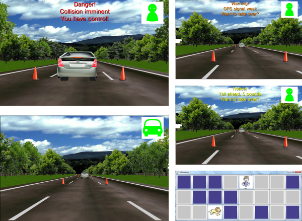 Experimental setup of experiment investigating warnings for autonomous car handovers of control